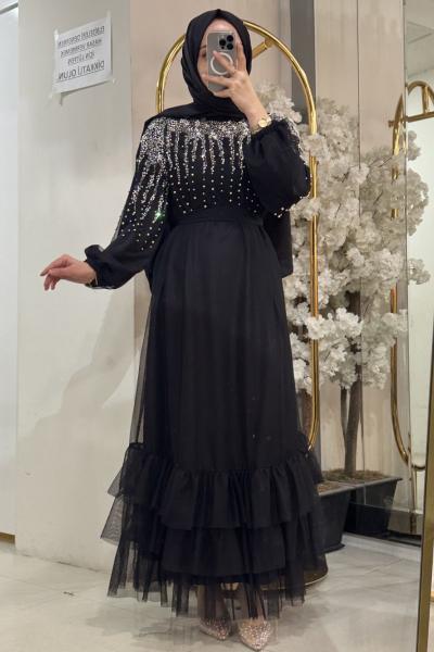 YAKASI SARKIK TAŞLI KOL ARASI PİLİSELİ ELBİSE Siyah