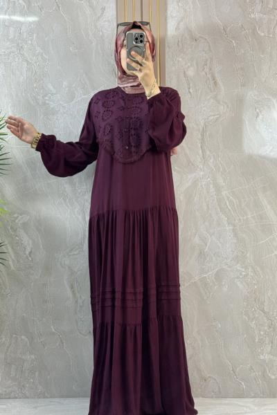 NAKIŞLI VİSKON ELBİSE Bordo