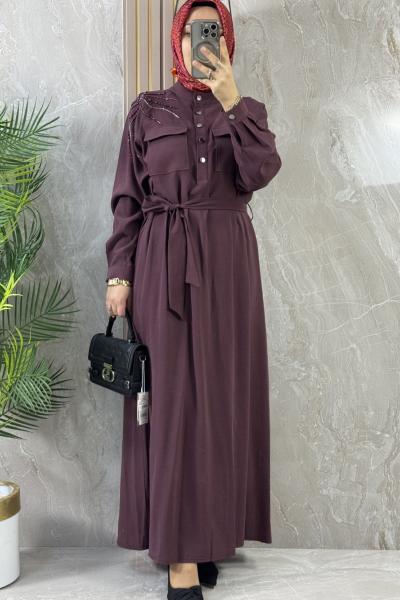 TAŞ İŞLEME ELBİSE  Bordo