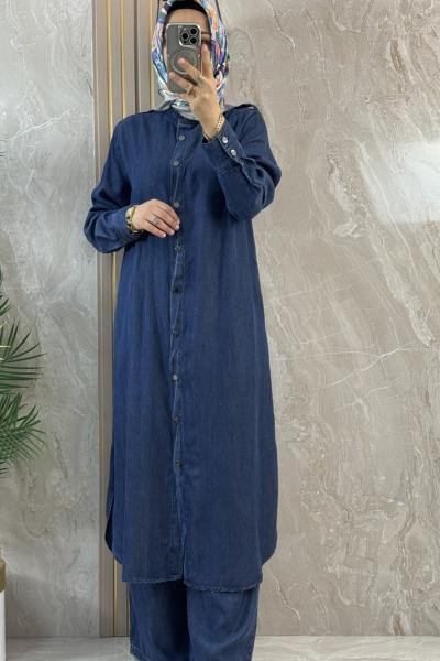  TENCEL KOT CEPLİ UZUN GÖMLEK koyu Mavi