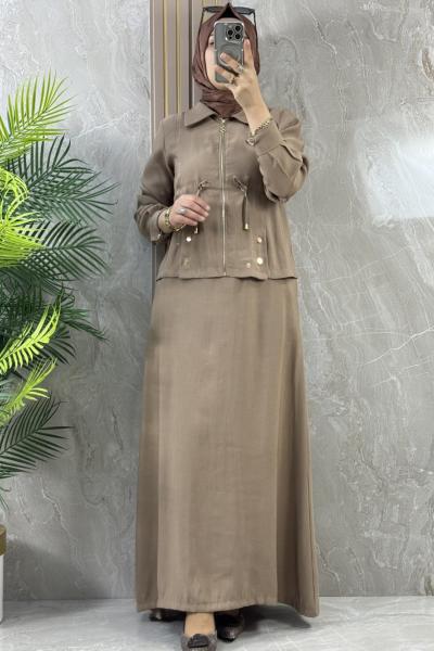 CEKETLİ ELBİSE FERMUARLI  Camel