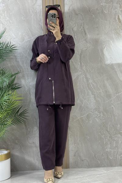TENCEL TAŞLI FERMUARLI TAKIM Mürdüm