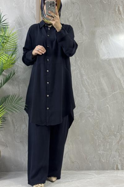 TENCEL CİZGİLİ DÜĞMELİ PANTOLONLU TAKIM  Lacivert