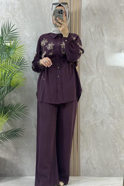 BONCUKLU ŞIK PANTOLONLU TAKIM Bordo