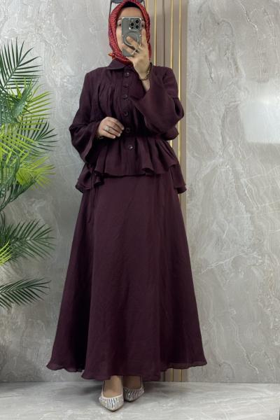 ÖNÜ DÜĞMELİ ETEKLİ TAKIM Bordo
