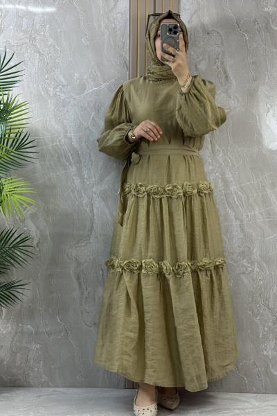 GÜL DETAYLI ELBİSE Yağ Yeşili