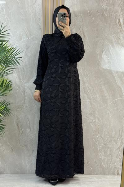 ÇİÇEK DESENLİ ABİYE ELBİSE Siyah